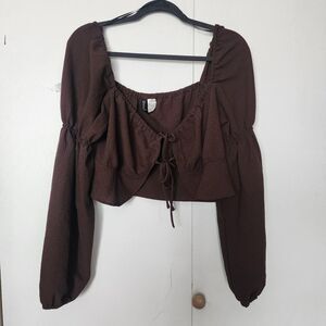H&M Women's Brown tie front Crop-top long sleeve milkmaid L cottage core